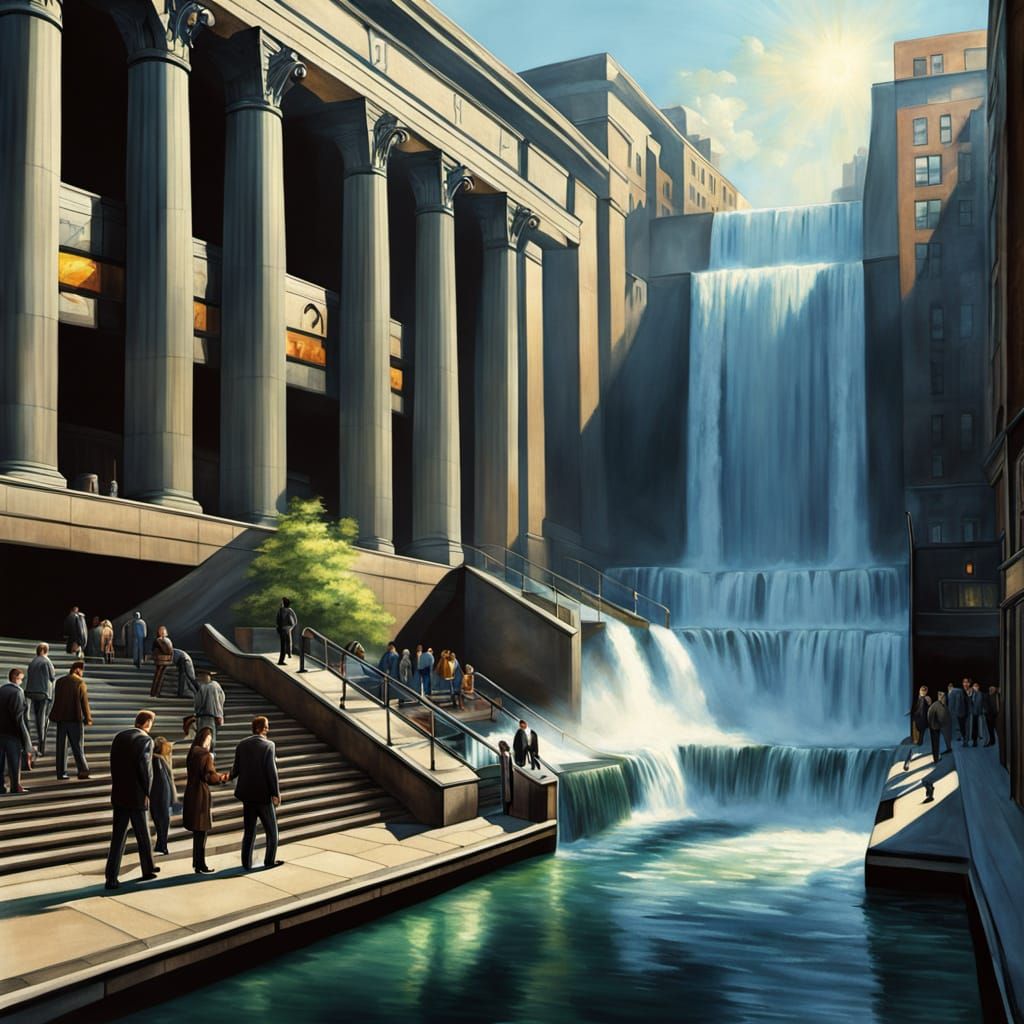 Subway station during rush hour, hyperrealistic image, a waterfall coming down the escalators, a real waterfall, like Ni...