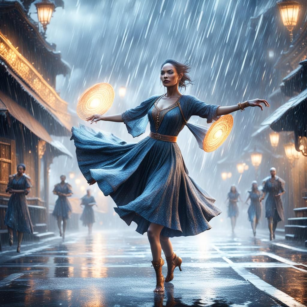 Woman Dancing in Rain: Detailed Matte Painting