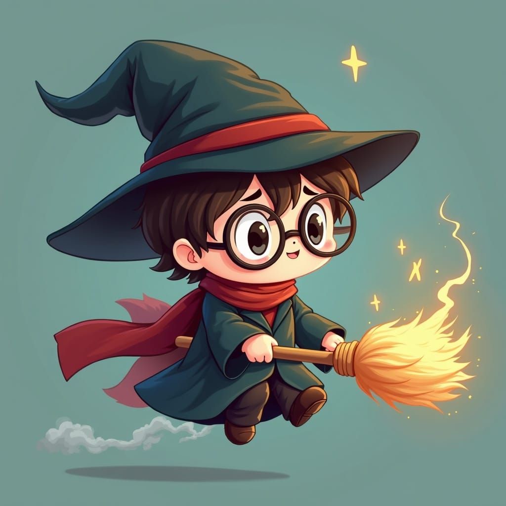 Chibi Wizard Baby Flies Fast on Broomstick
