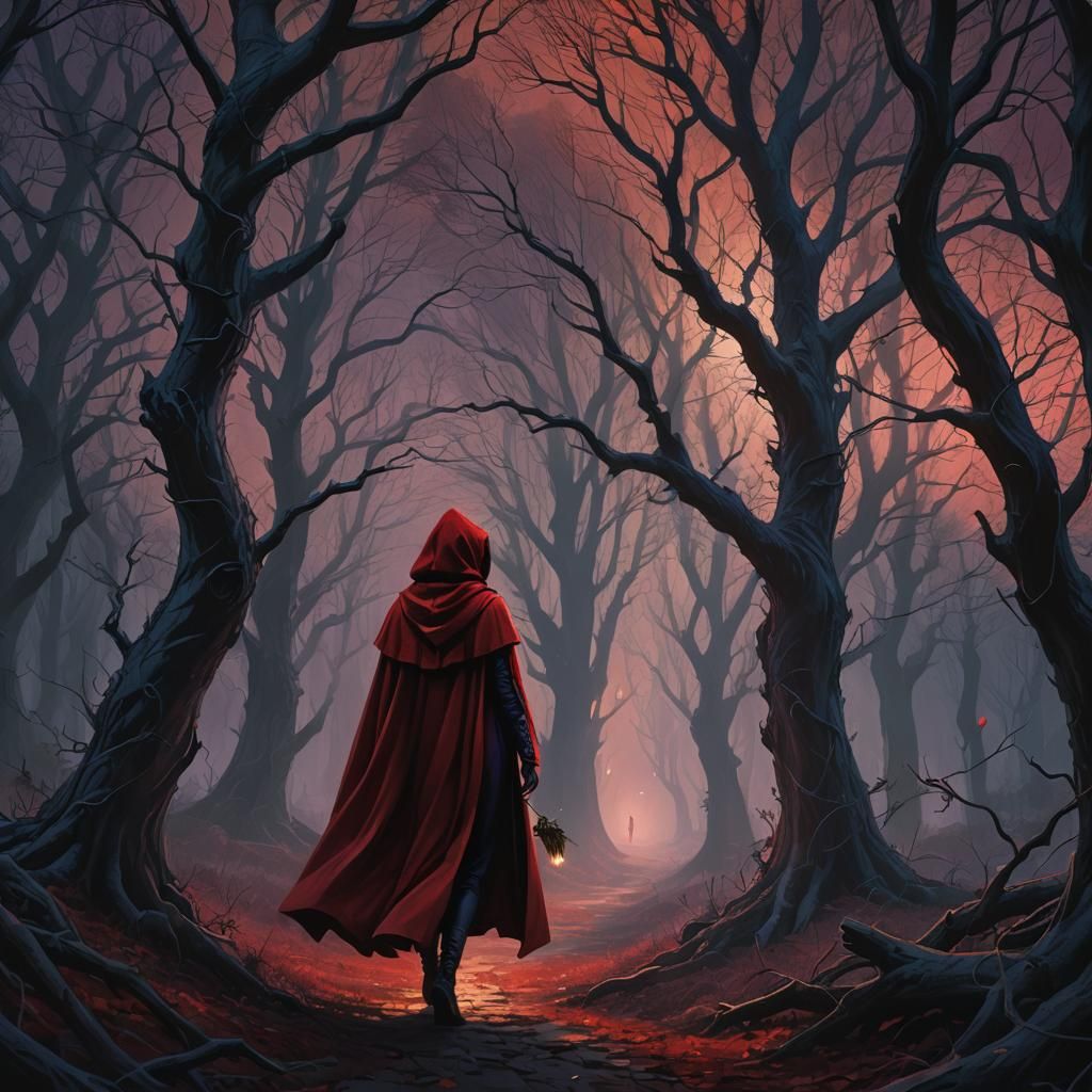 Red Cloak in Dark Forest: Moody Fantasy Oil Painting