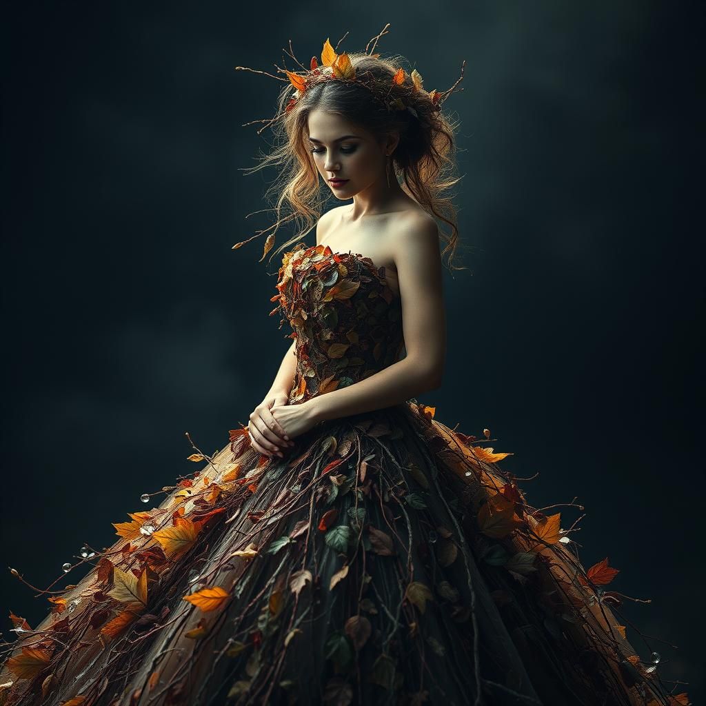 Woman in Leaf Ballgown: Hyperrealistic Autumn Portrait
