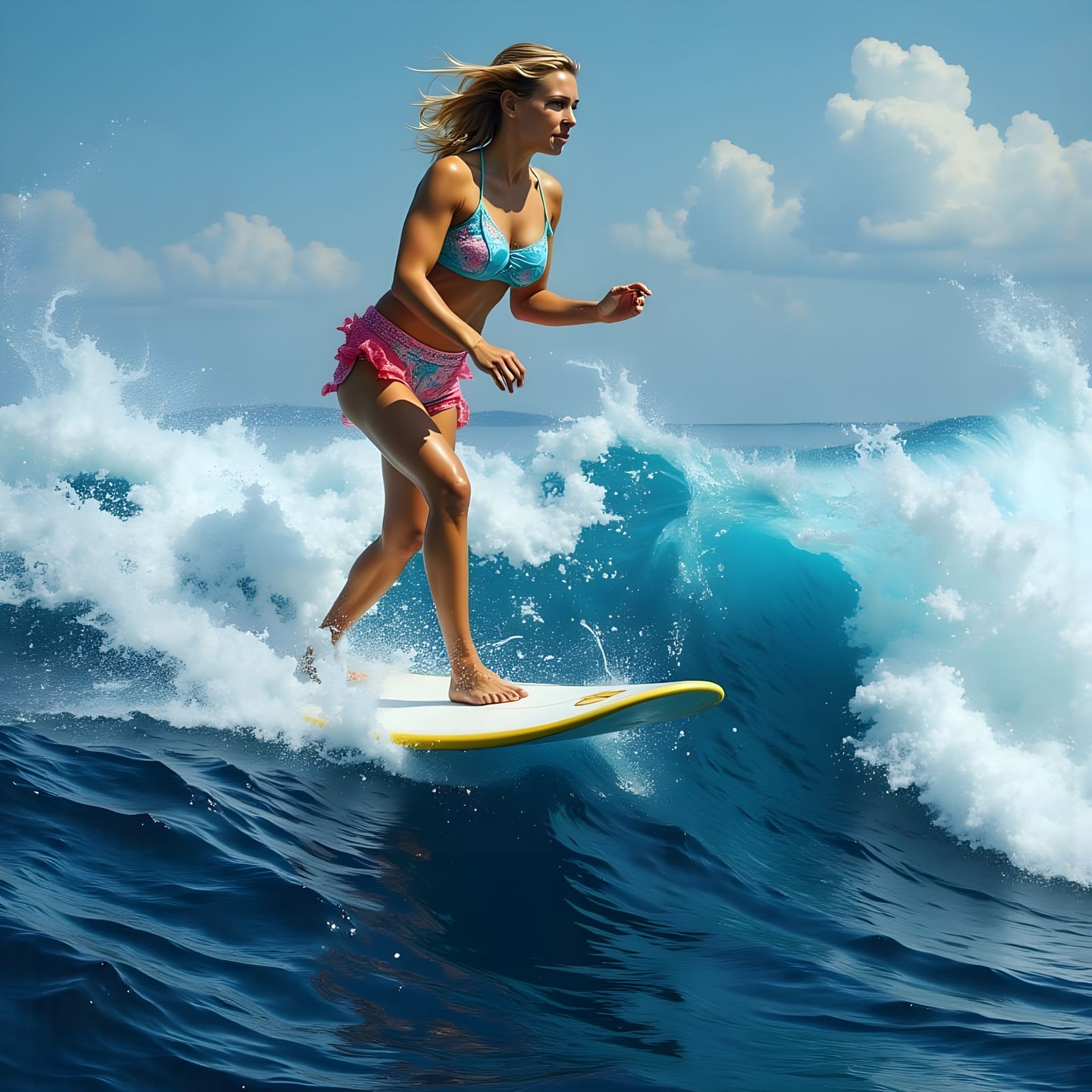 Gigantic Female Wave Surfing: Colorful AI Art