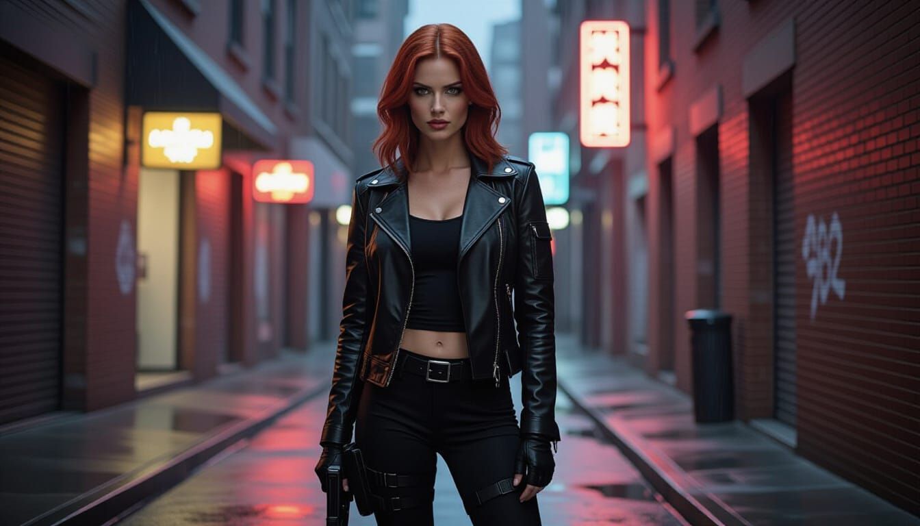 Redhead Assassin in Noir Alley with Neon Glow