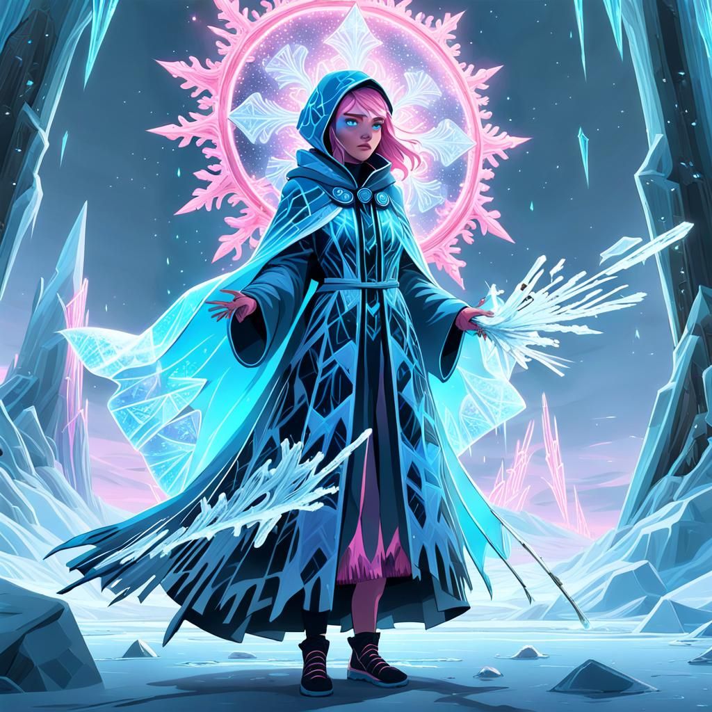 Ice Wizard Girl Casting Spell in Neon Fractal Landscape