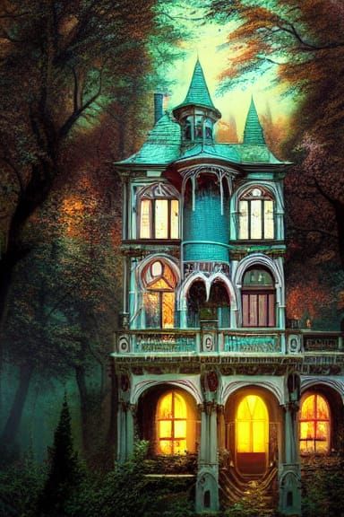 Floating Victorian House in Dark Woods: Detailed Painting