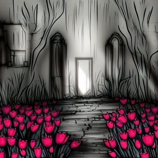 Creepy Ink Drawing: Tulips in Enchanted Forest