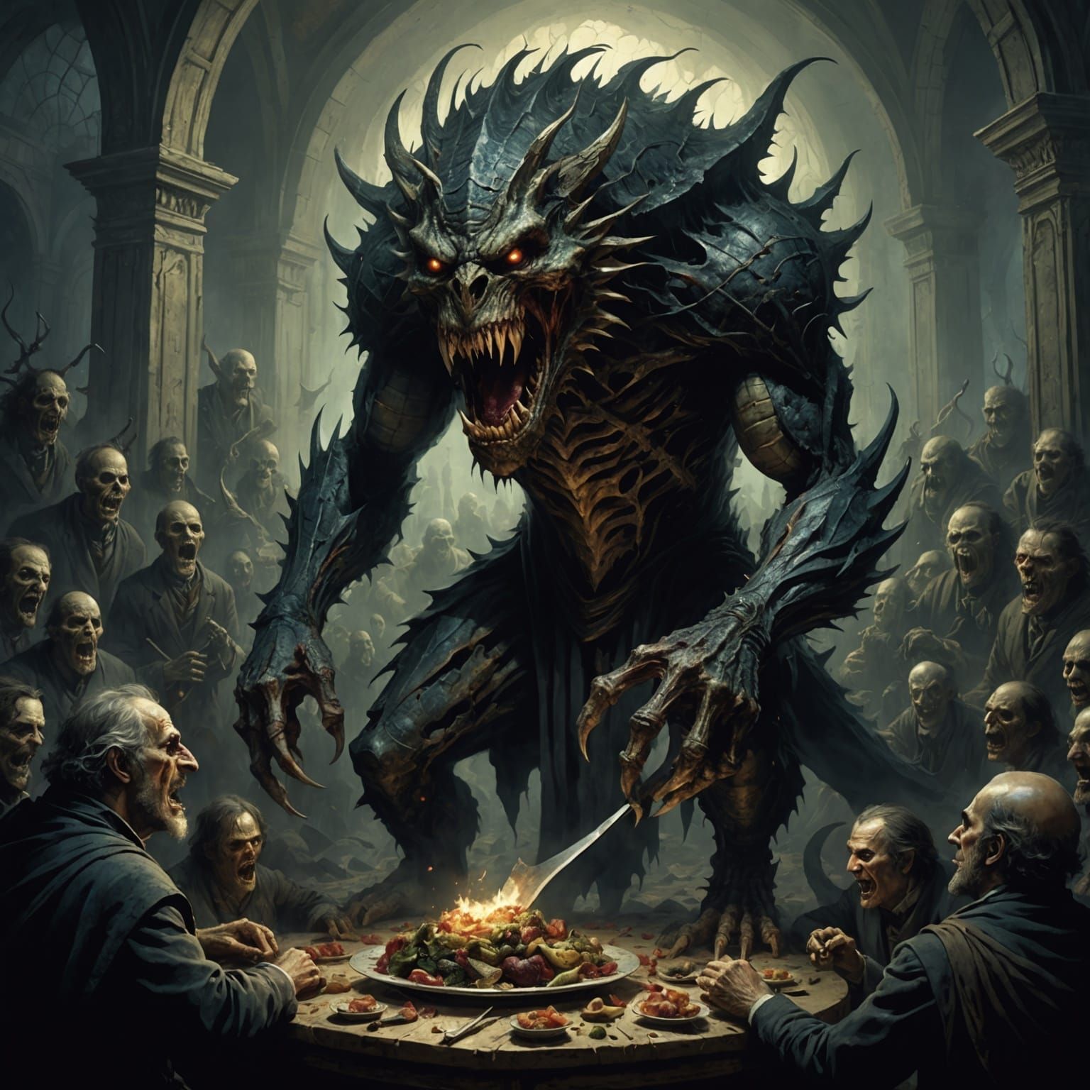 Horrific Creature Devouring People: A Dark Fantasy Scene
