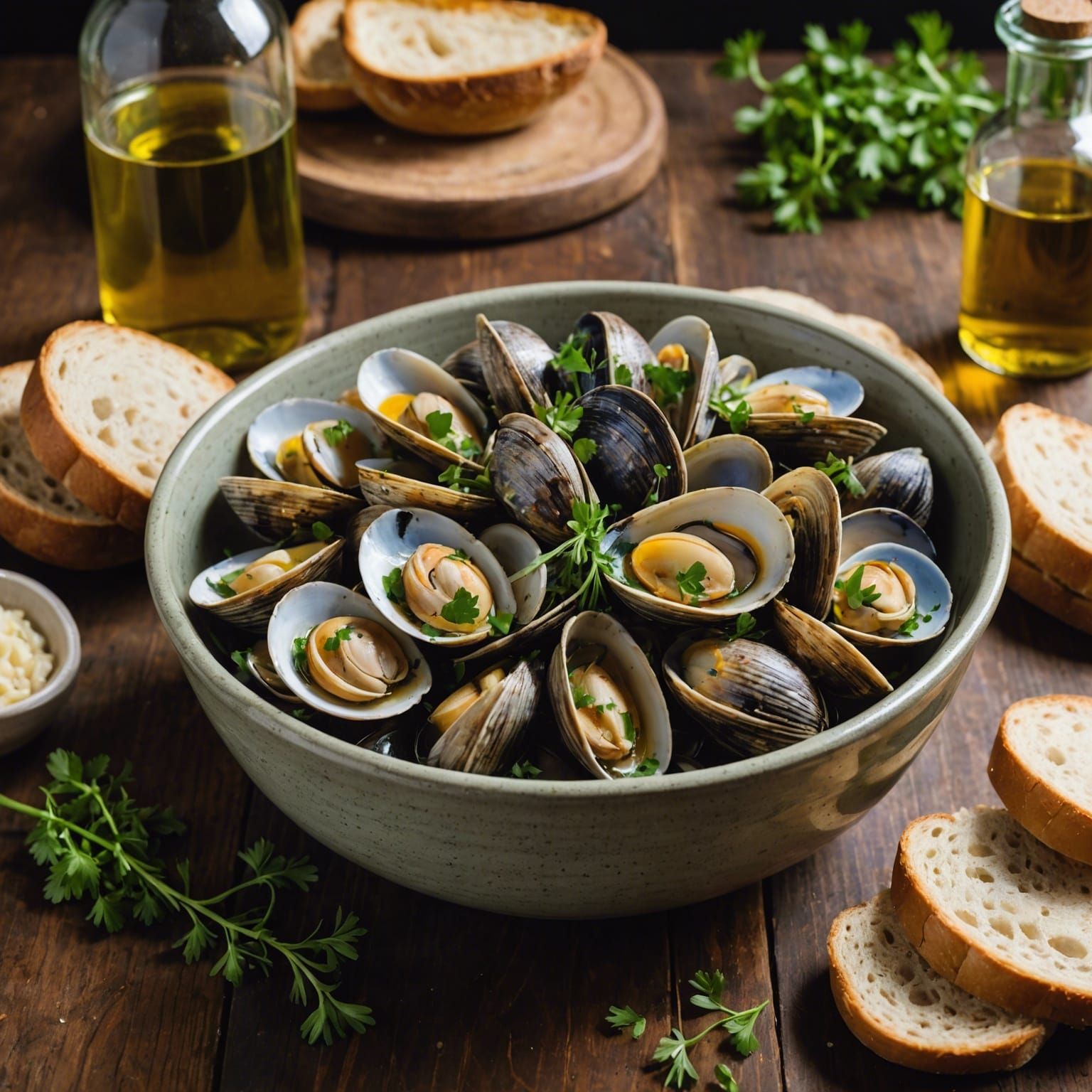 Appetizing Steamed Clams with Herbs and Toasted Bread