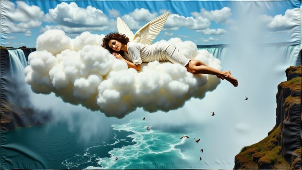 Serene Angel Sleeping on Cloud Above Waterfall