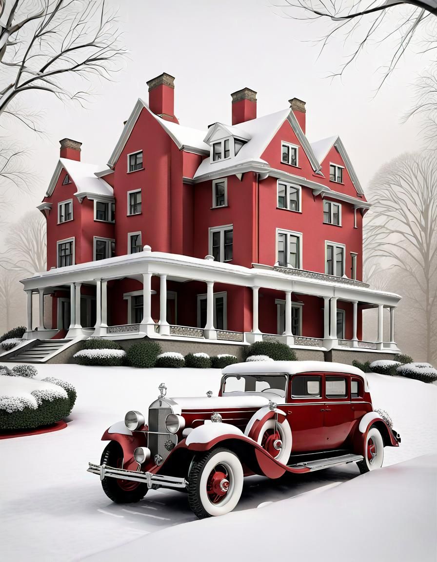 Elegant New England Mansion in 1930s Movie Poster Style
