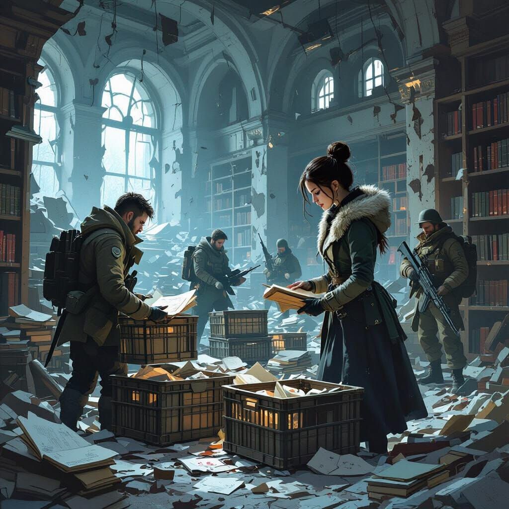 Librarian Directs Scavengers in Ruined University Library