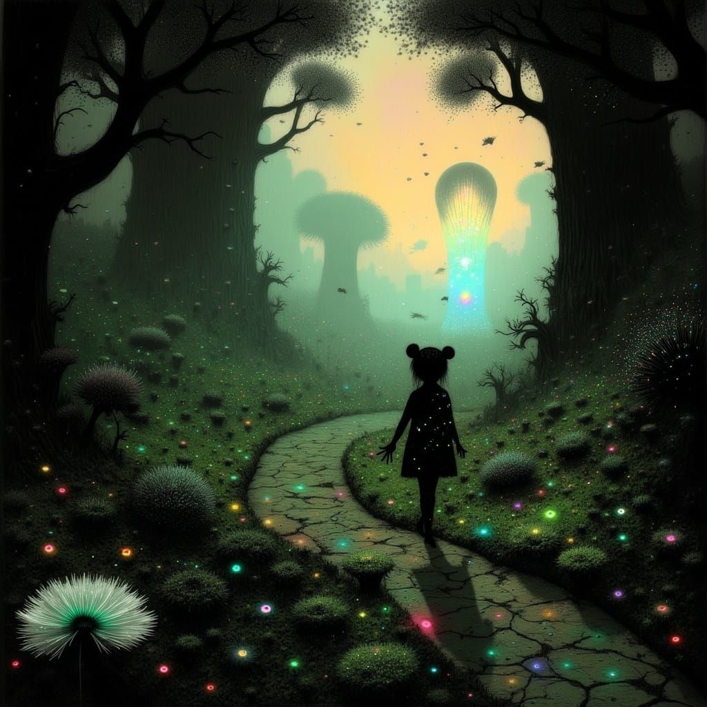 Mystical Traveler on Emerald Path, Fantasy Concept Art