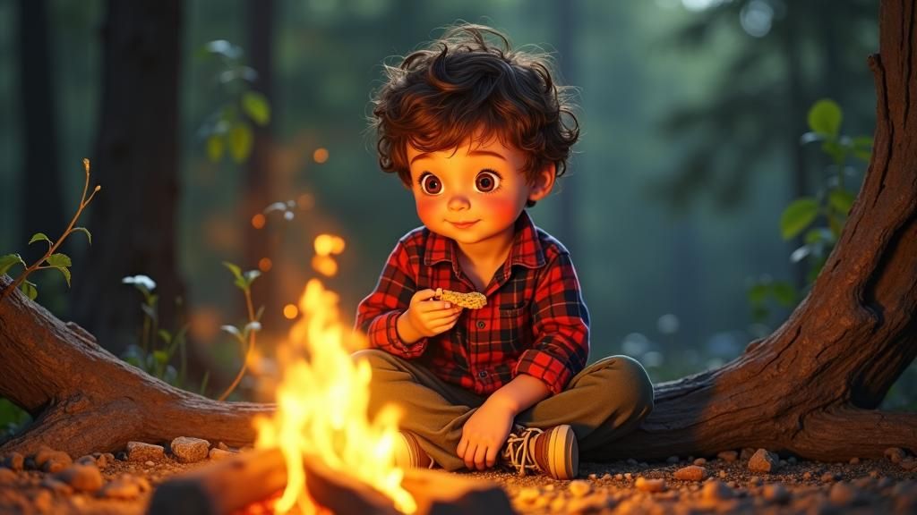 Boy by Campfire: Whimsical Woodland Scene