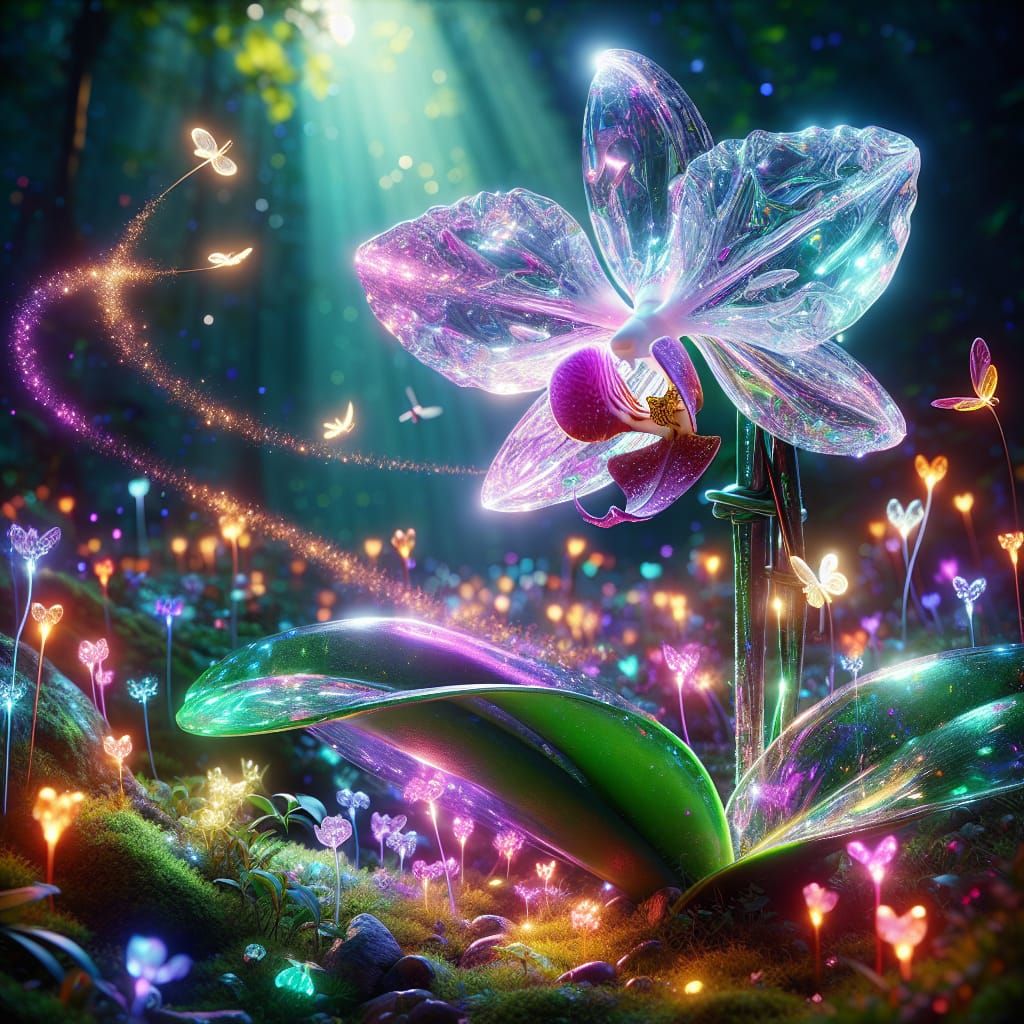 Luminescent Crystal Orchid in Enchanted Forest