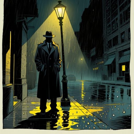 Noir Detective Under Street Lamp on Wet City Street