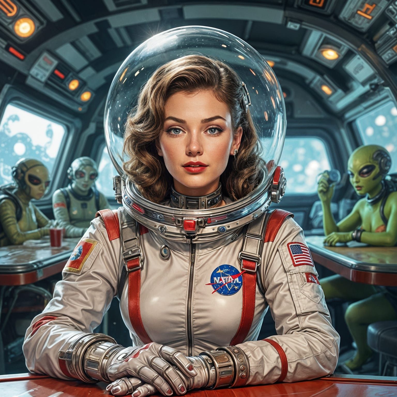 Steampunk Cosmonaut in Alien Bar, Retrofuturistic Pin-Up