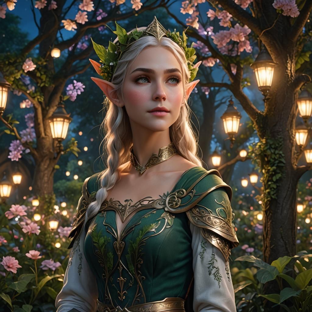 Beautiful elf overlooking an enchanted garden, perfect face, perfect elf ears, night, highly detailed, high quality, meg...