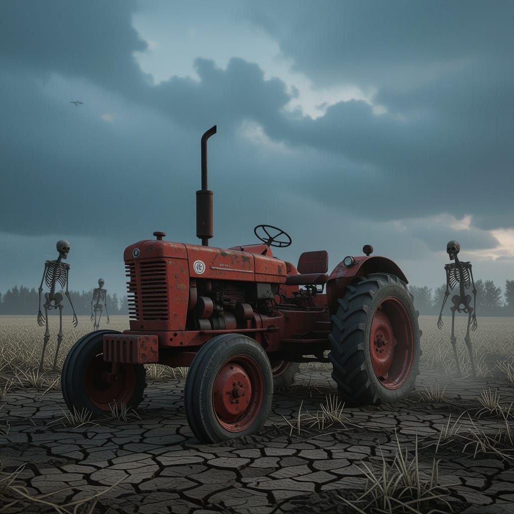 Rusted Tractor in Desolate Field Under Stormy Sky