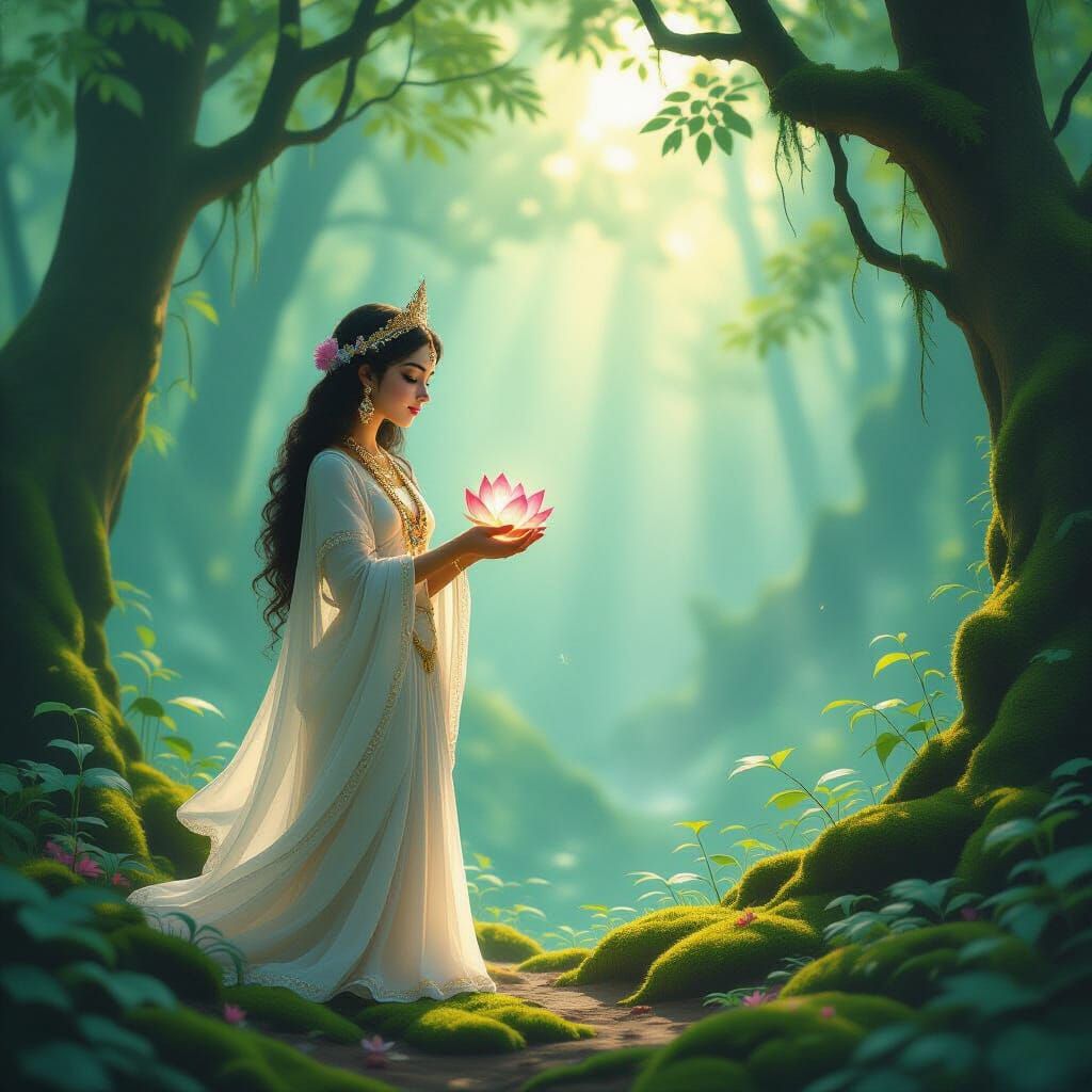 Benevolent Goddess Radha with Glowing Lotus in Forest