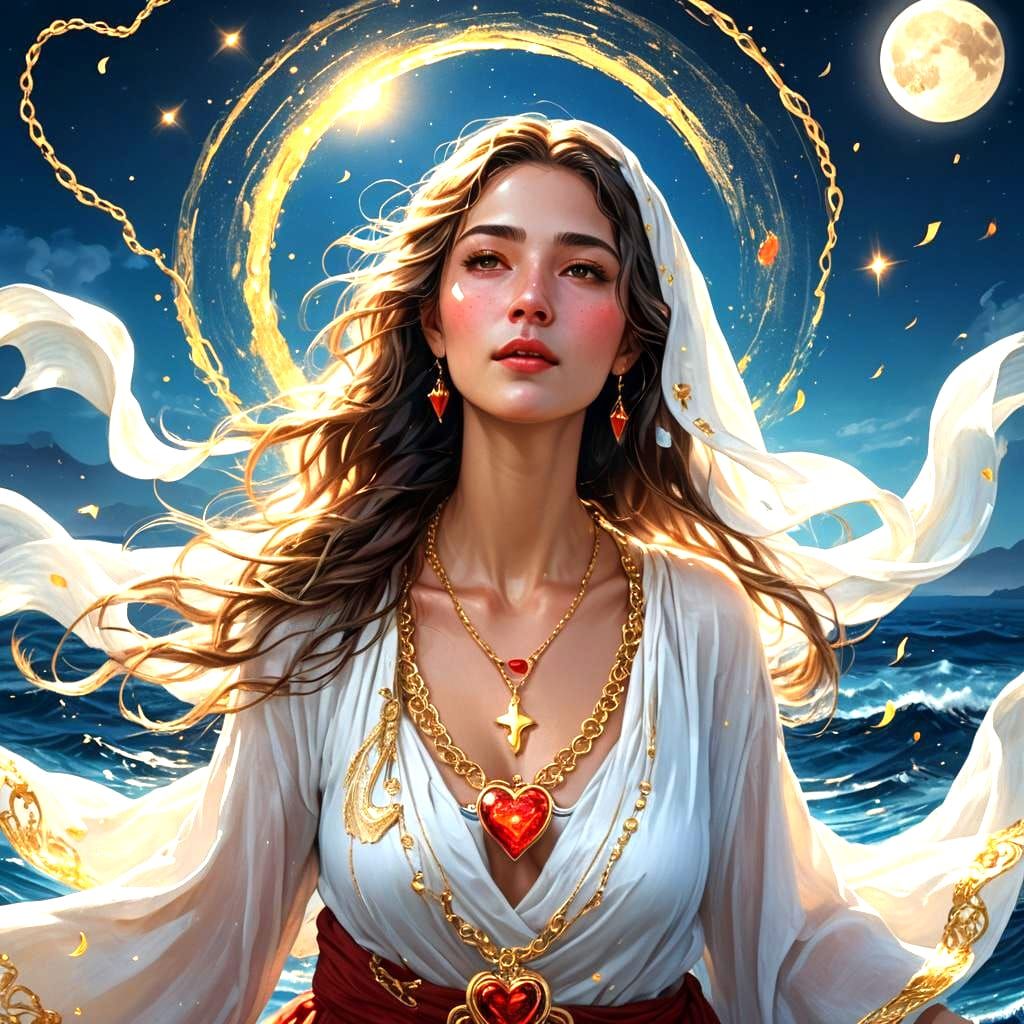 Golden Sparks Heart Over Blue Ocean: Digital Art