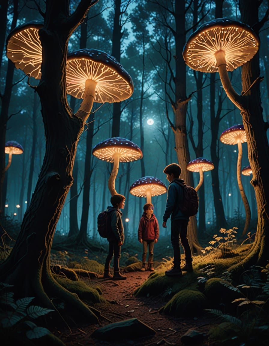 Youthful Mischief in Whimsical Woodland at Twilight