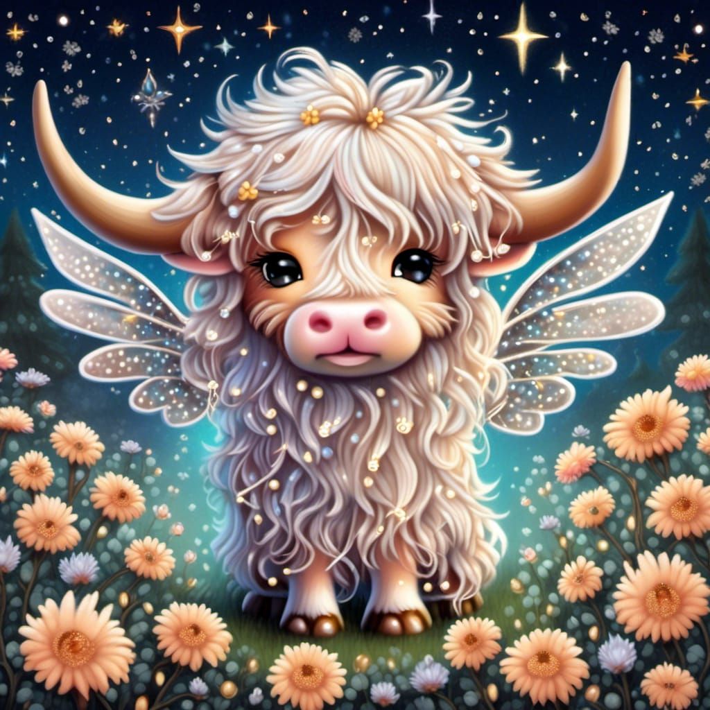 Cute Highland Cow Fairy in Starry Night
