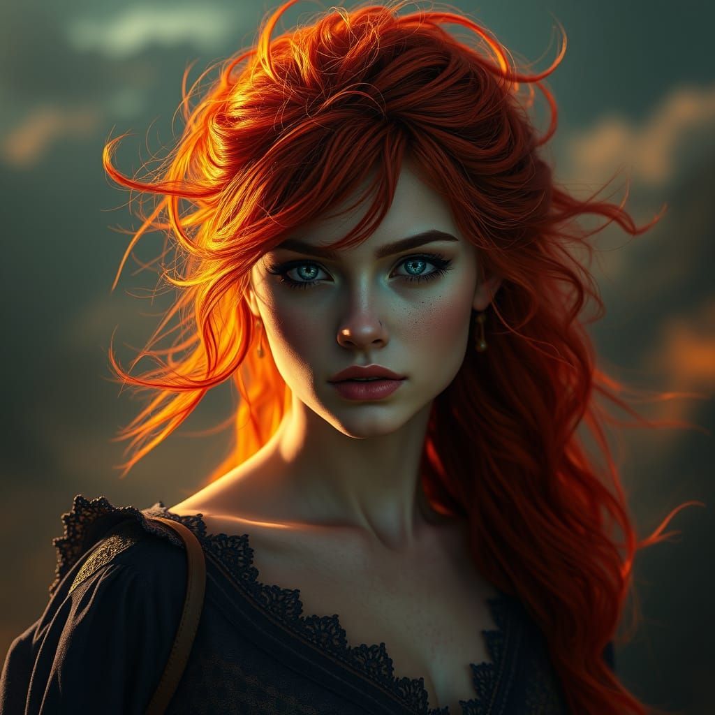 Her fiery hair, a sunset's flame, With eyes of blue, no sky ...