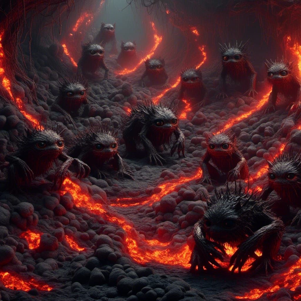 Ominous Volcanic Landscape with Inferno Primates