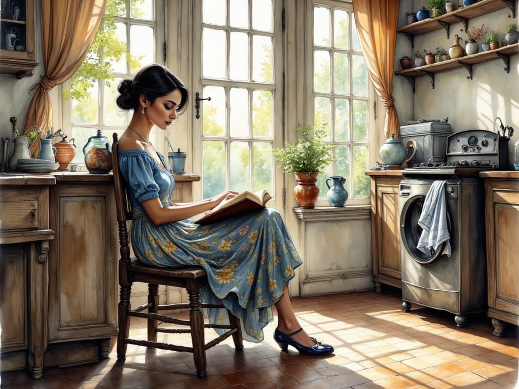 Woman Reading in Rustic Kitchen with Morning Light