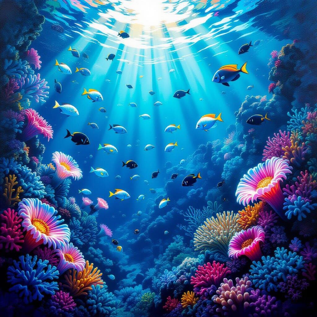 Underwater Graffiti Mural: Bioluminescent Reef with Fantasti...