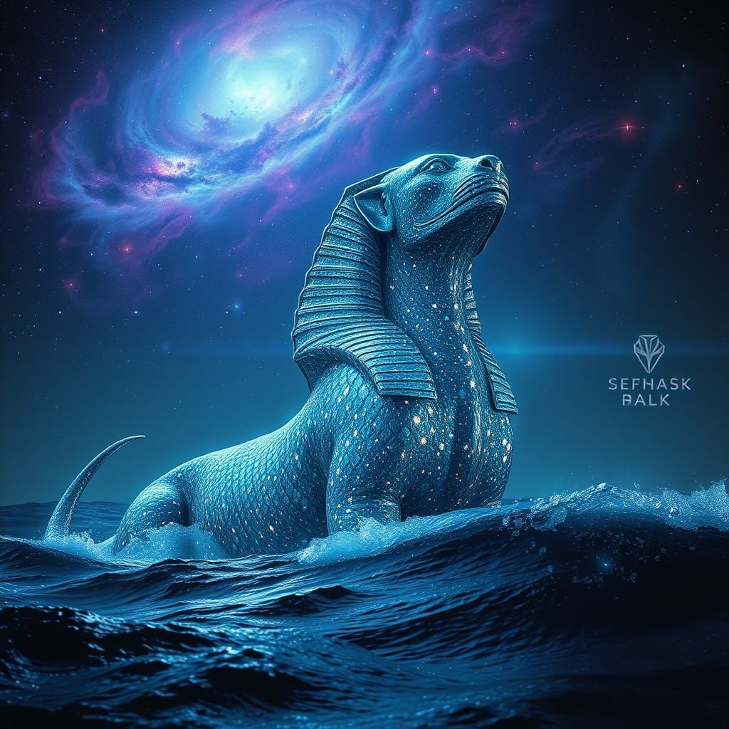 Iridescent Sphinx Emerges Under Nebula Sky