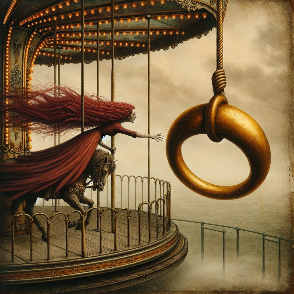 Woman Chasing Elusive Dream on Carousel