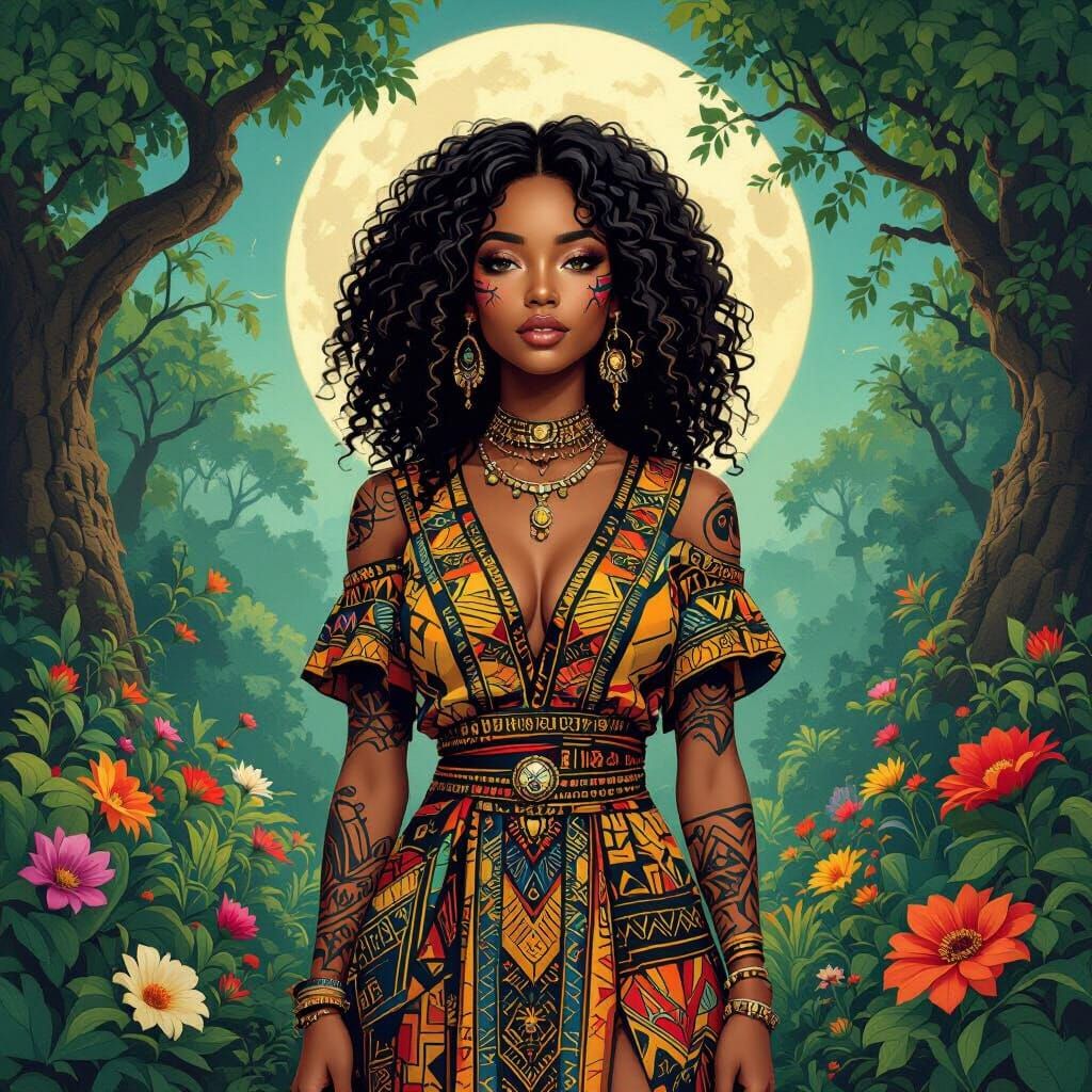 Afrofuturist Earth Goddess in Lush Forest