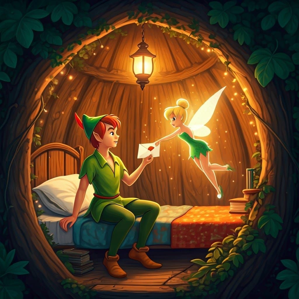 Peter Pan's Whimsical Letter to Wendy in Enchanted Treehouse