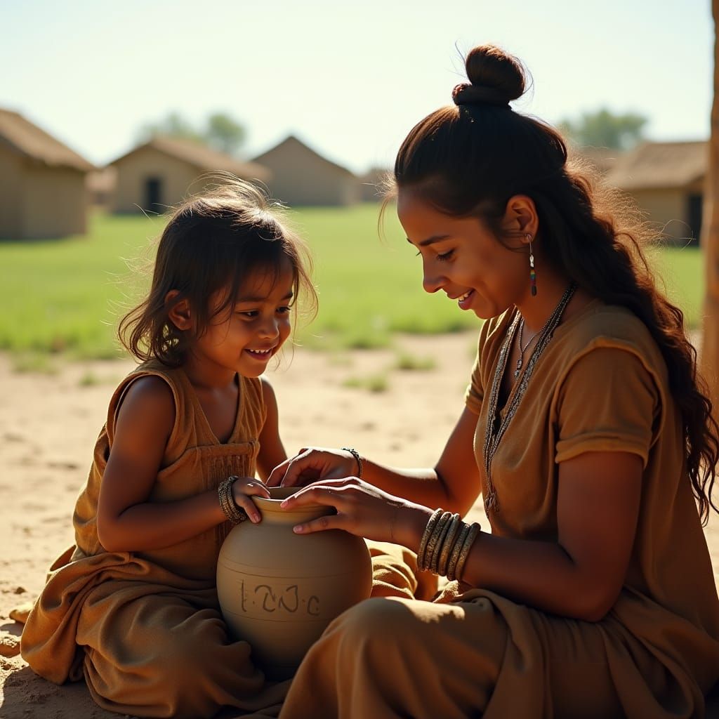 Caddo Child Observes Pottery Shaping in Golden Light