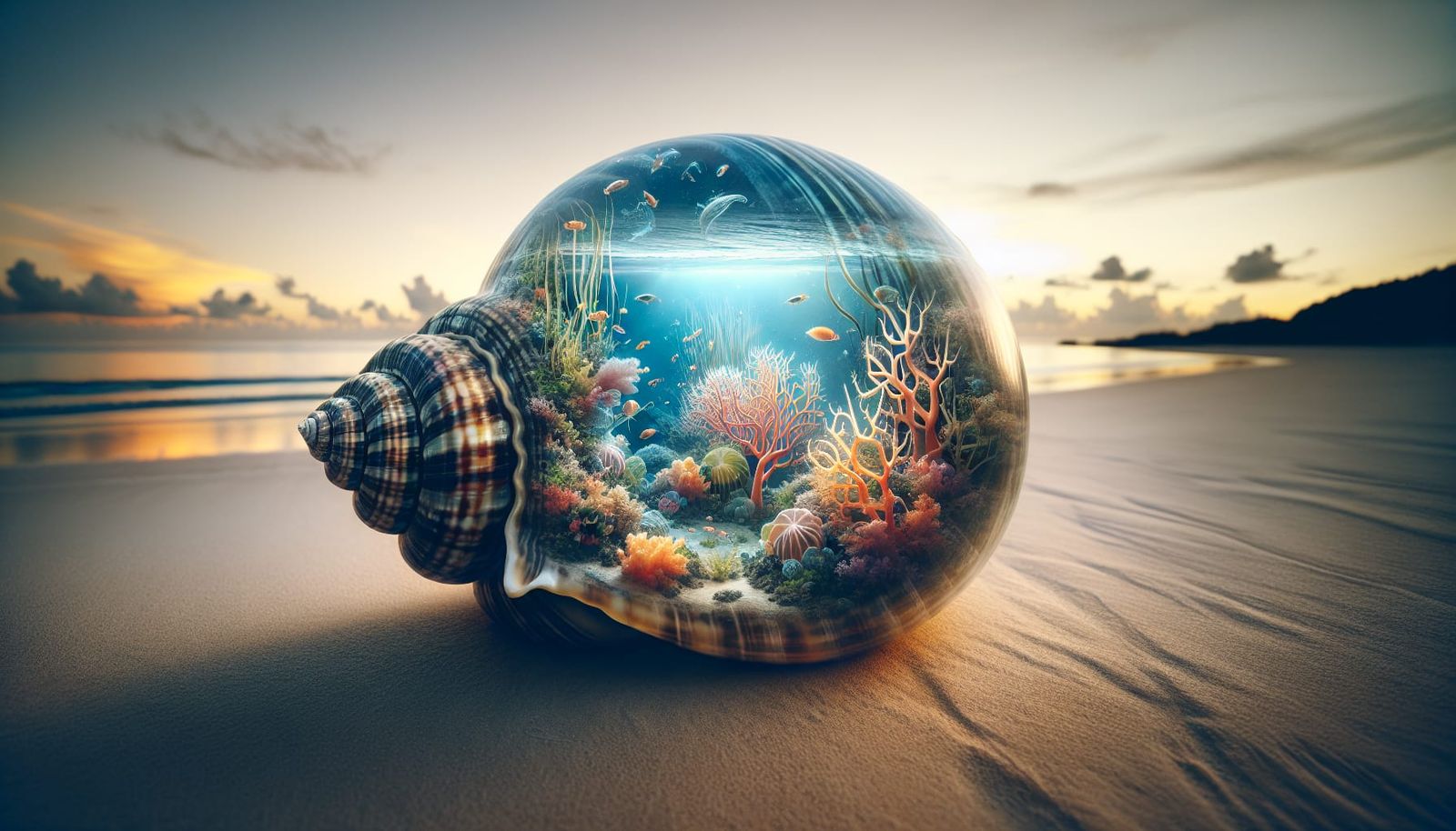 Transparent Snail Shell with Undersea World Double Exposure