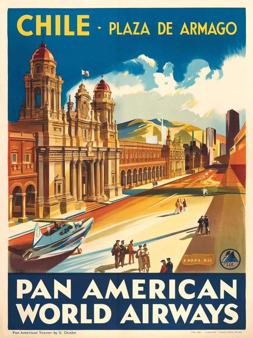 Vintage Travel Poster: Plaza de Armas, Santiago, Chile