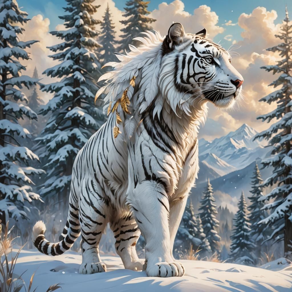 Winged White Tiger in Snowy Meadow: Fantasy Art