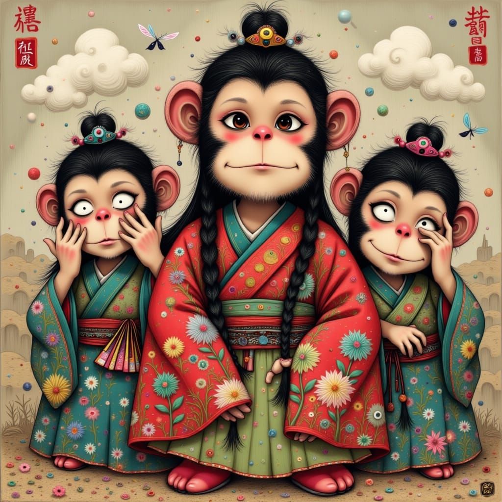 Three Wise Monkeys in Earthy Tones