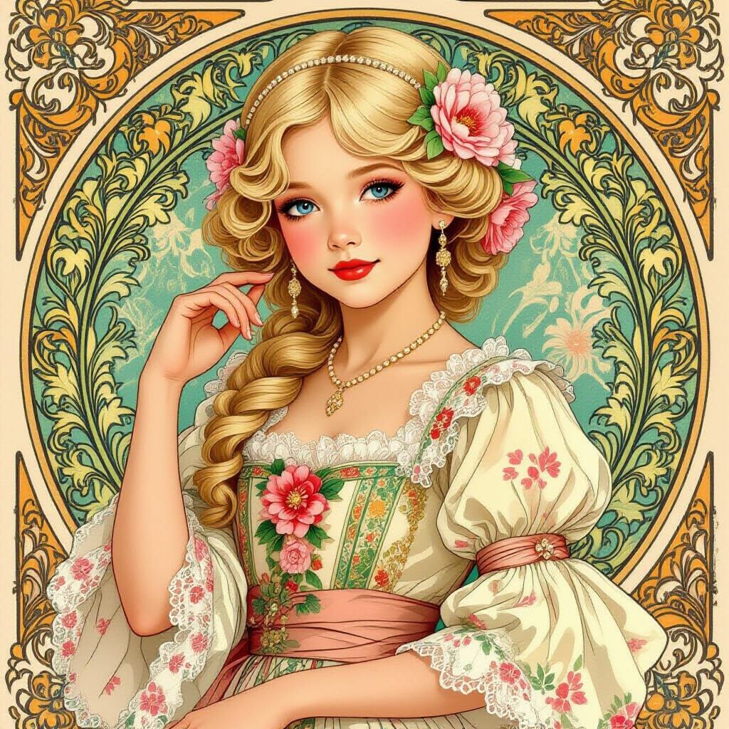 Thai Girl in Belle Epoque Style, Art Nouveau Portrait
