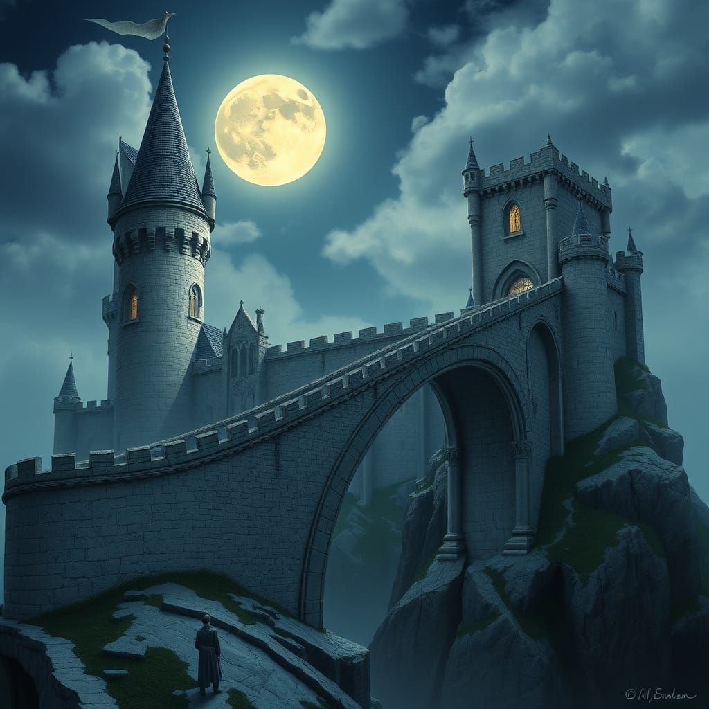 Ethereal Stone Bridge Reaches for the Moon in Gothic Style