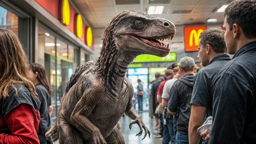 Velociraptor Meal at McDonald's: Hyperrealistic Concept Art