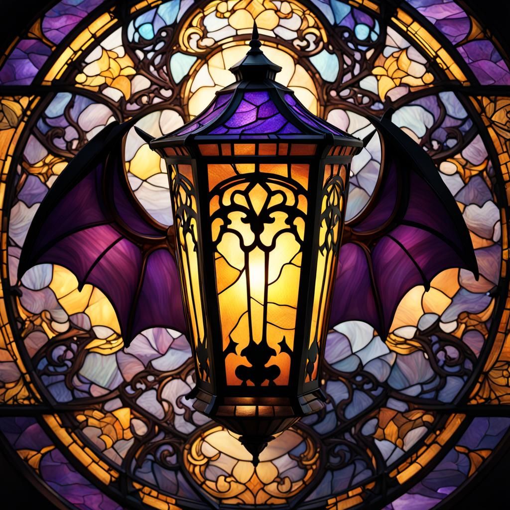 Bat Tiffany Glass Lantern in Dark Fantasy Style