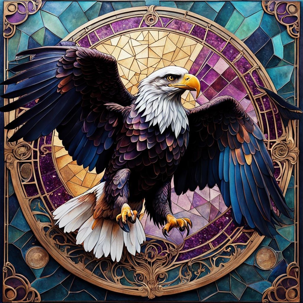 Bald Eagle and Art Deco Architecture in Mixed Media Collage