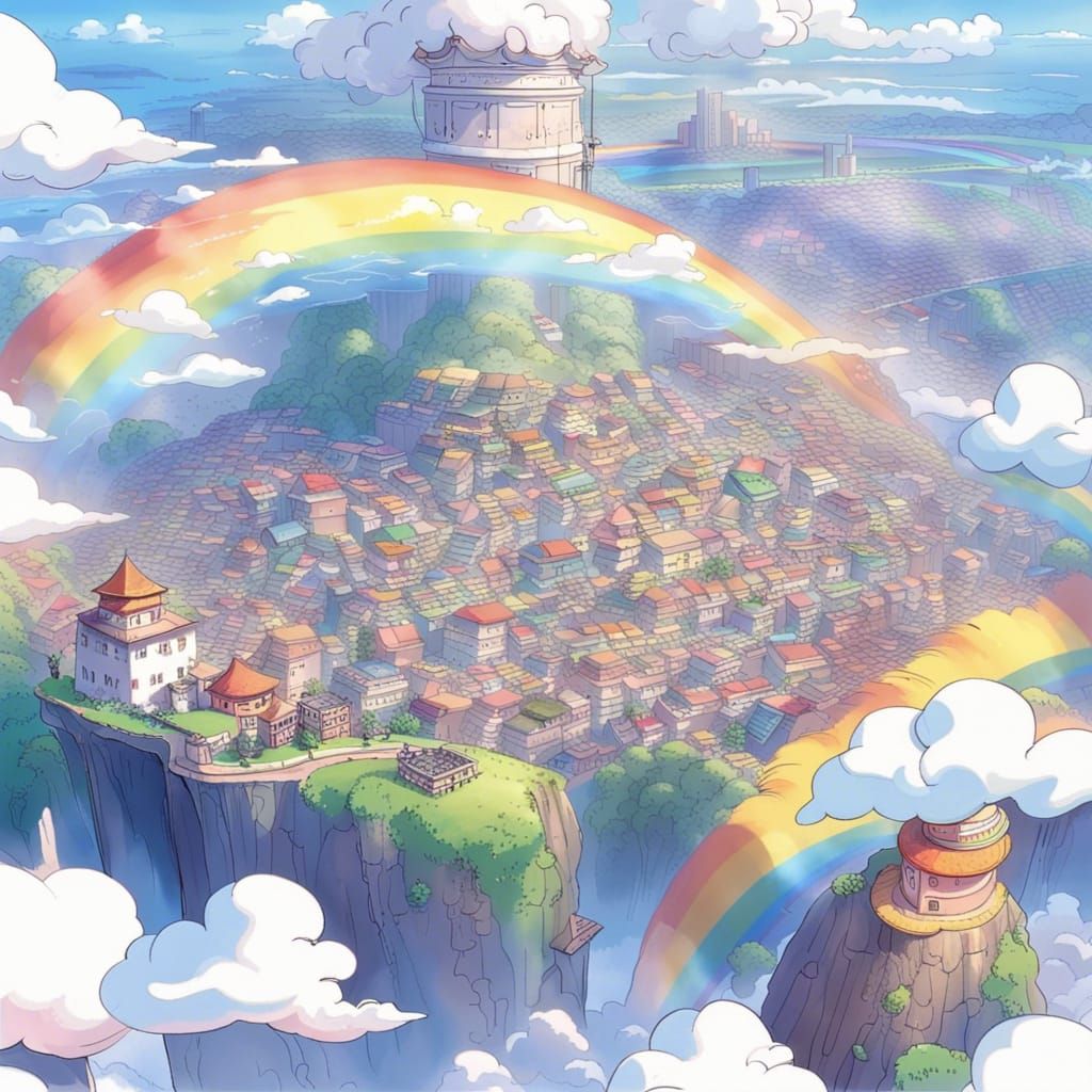 City in the sky,on top of clouds, rainbow in background, cloud village