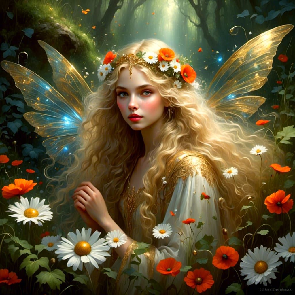 Golden Haired Fairy in Magical Forest