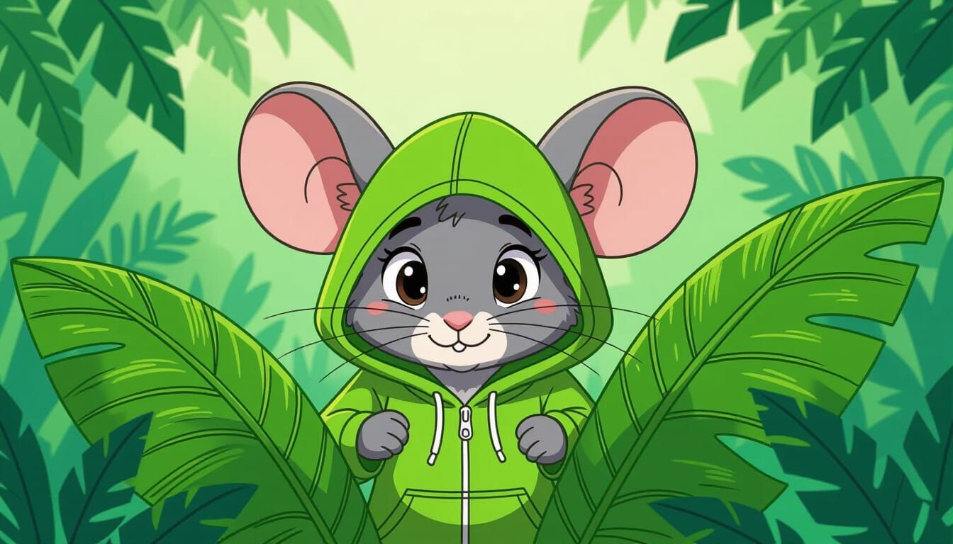 Cartoon Mouse Hiding Under Leaf in Whimsical Style