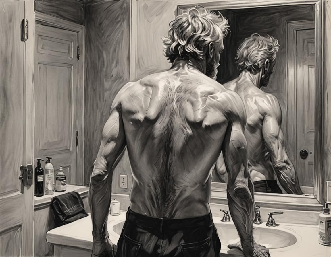 Monochrome Portrait of Man in Bathroom Mirror