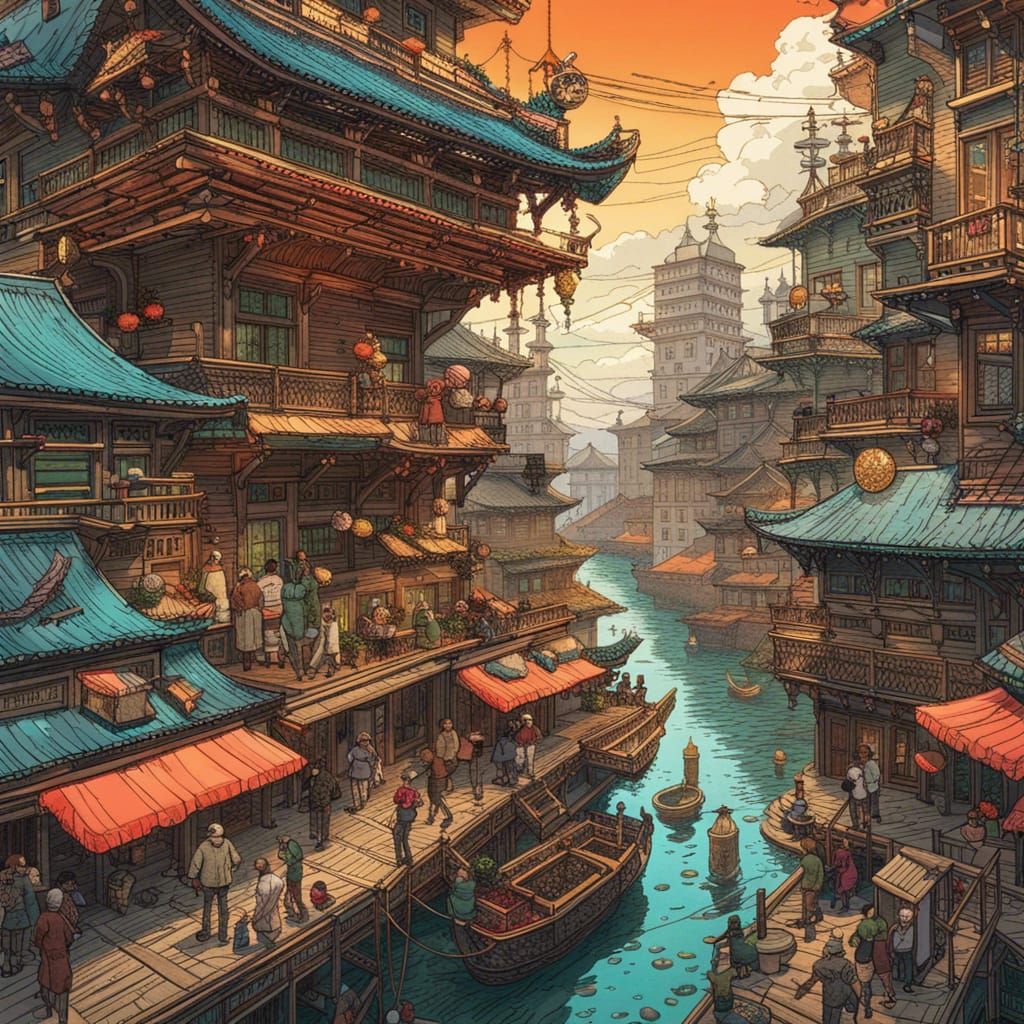 Detailed Line Art Composition with Vibrant Colors