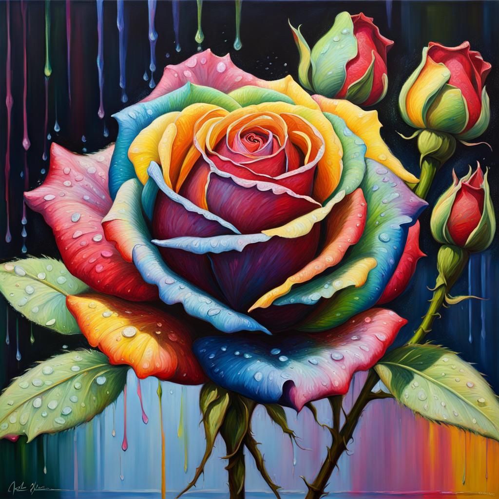 Hyperrealistic Rainbow Rose in Expressionist Impasto Style